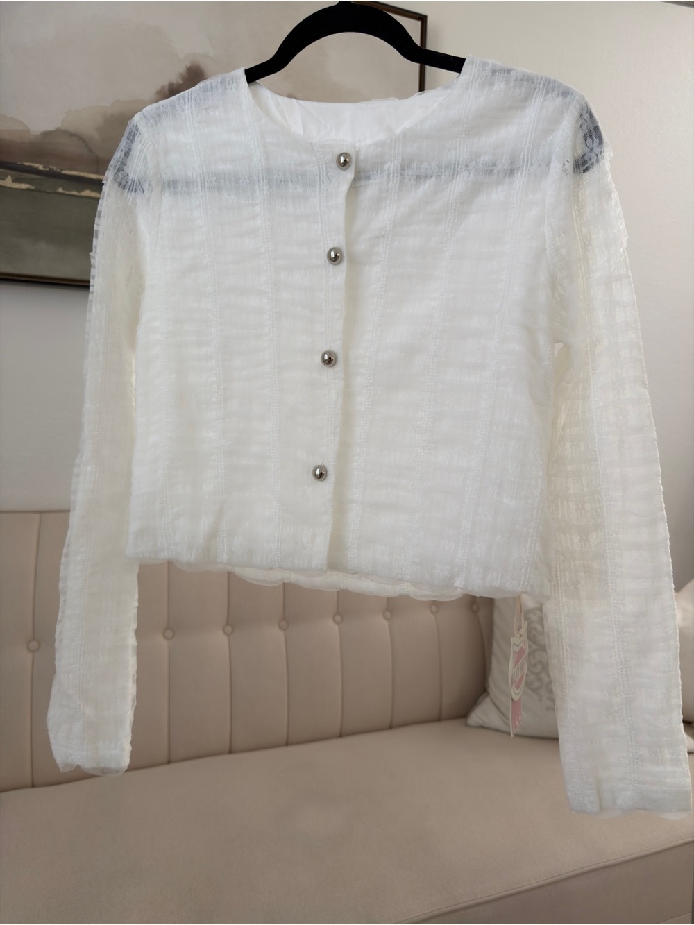 White Textured Cropped Button Jacket